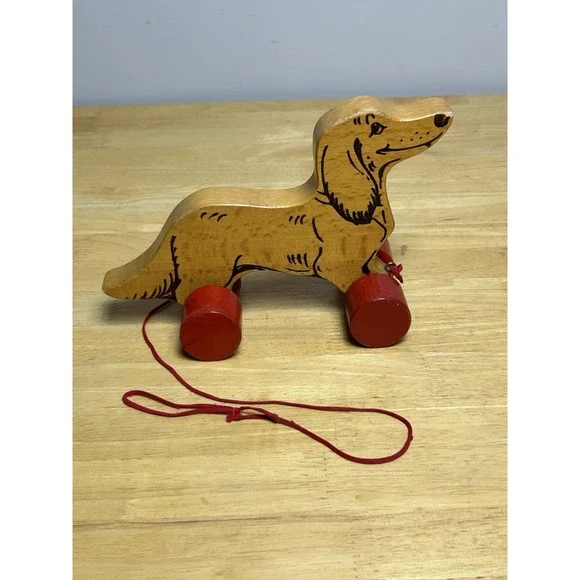 Vintage Steiff Wooden Dog Dachshund on Red Wheels with ID And Pull String